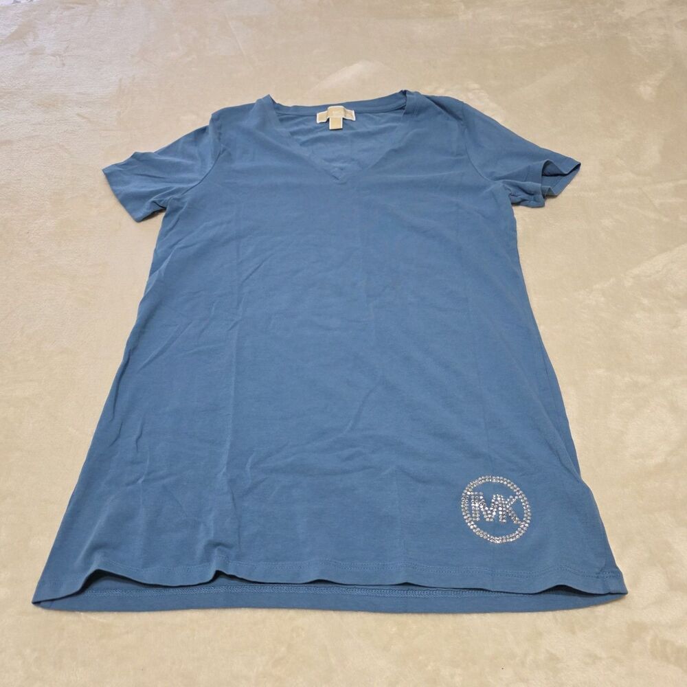 Michael Kors Blue T-Shirt MK Rhinestone Logo Large Short Sleeve Cotton Women’s
